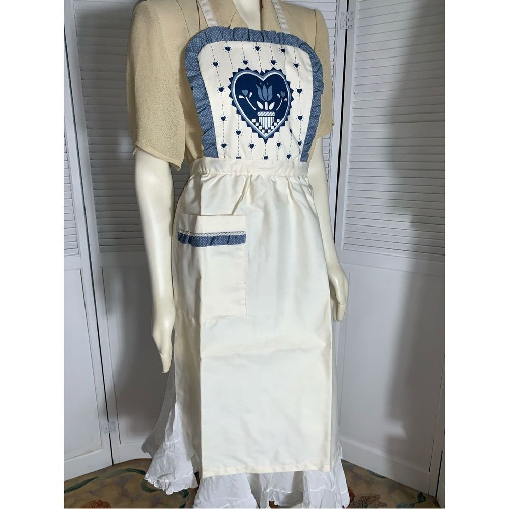 NWOT Vintage Full Apron Blue Country Kitchen Blue Hearts Adult Size‎